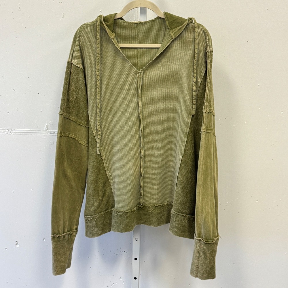 J.HER Olive Green Mixed Media Thermal Waffle Knit Hoodie Oversized Distressed Lg